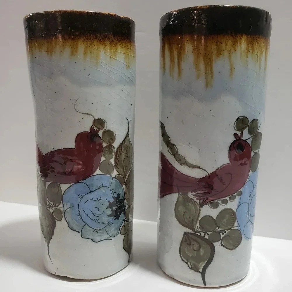 Mexican Pottery  Vase Ceramic Birds and Flowers Tall Narrow Multi-colored